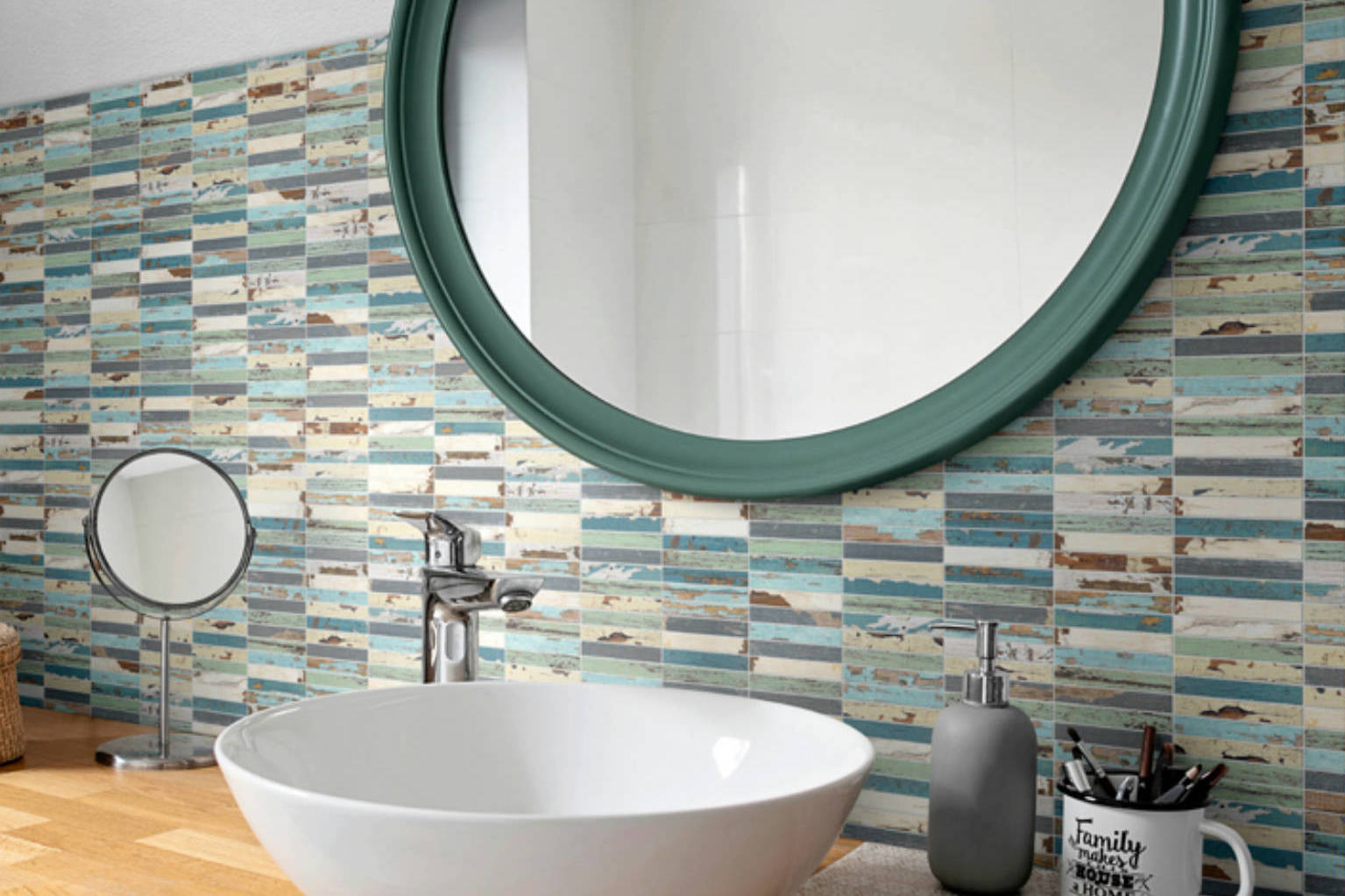 0.7x4 Wood Rectangles Mix Beige/Blue Ceramic Mosaic | Qualis Ceramica | Luxury Tile and Vinyl at affordable prices