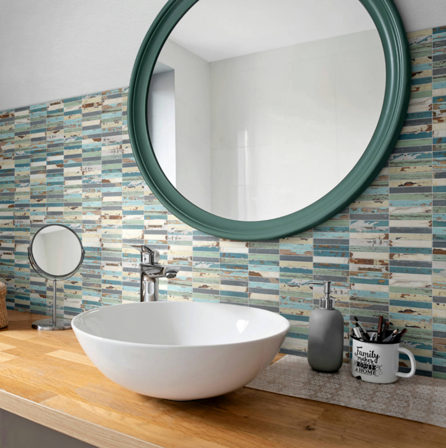 0.7x4 Wood Rectangles Mix Beige/Blue Ceramic Mosaic | Qualis Ceramica | Luxury Tile and Vinyl at affordable prices