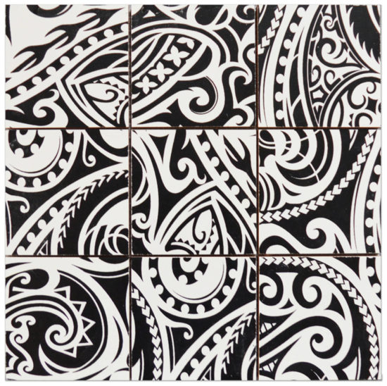 4"X4" Maori Native Series Black & White Glazed Ceramic Mosaic