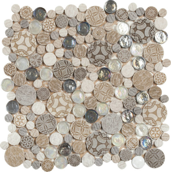 Beige Penny Round Décor/Glass Stone Interrlocking Mosaic | Qualis Ceramica | Luxury Tile and Vinyl at affordable prices