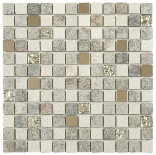 Grey Beige Glass Quartzite And Metal Décor 7/8"X7/8" Mosaic