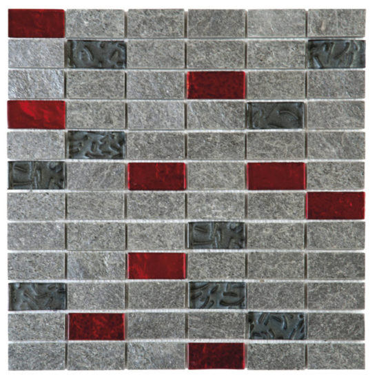 Grey Natural Quartzite Red Glass Mosaic 1"X2"