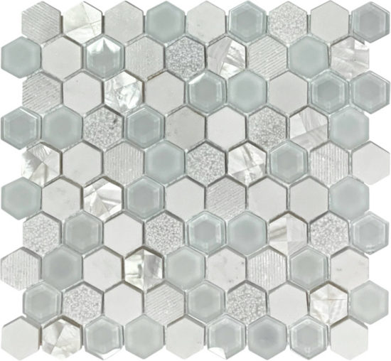 Hexagon Glass Marble & Mother Pearl White Mix Mosaic