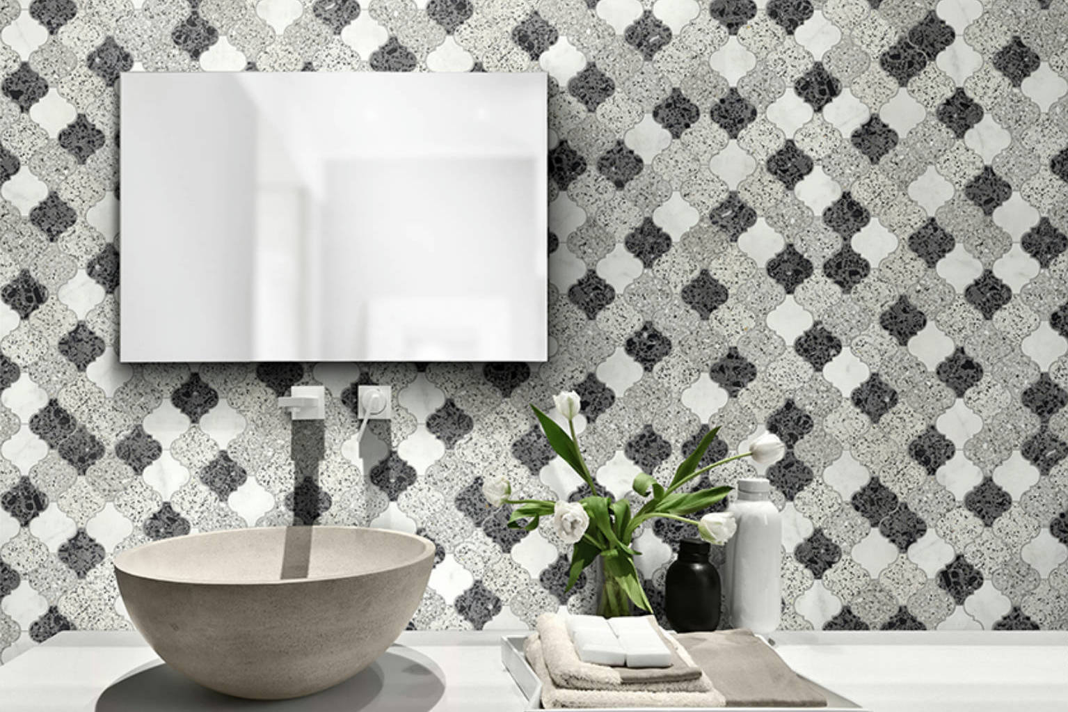 Lantern Terrazzo Marble White, Grey, Black Mix Mosaic | Qualis Ceramica | Luxury Tile and Vinyl at affordable prices
