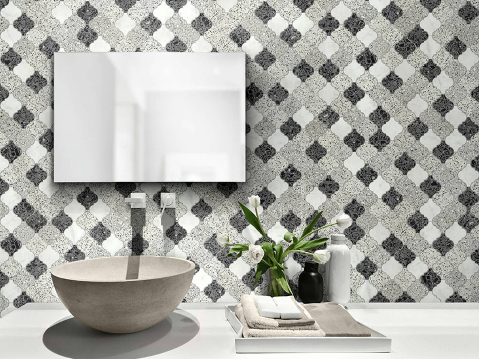 Lantern Terrazzo Marble White, Grey, Black Mix Mosaic | Qualis Ceramica | Luxury Tile and Vinyl at affordable prices