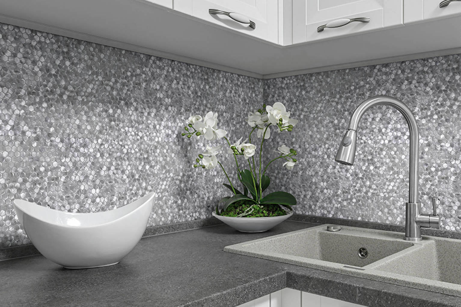 Medium Hexagon Silver Aluminum Mosaic  | Qualis Ceramica | Luxury Tile and Vinyl at affordable prices