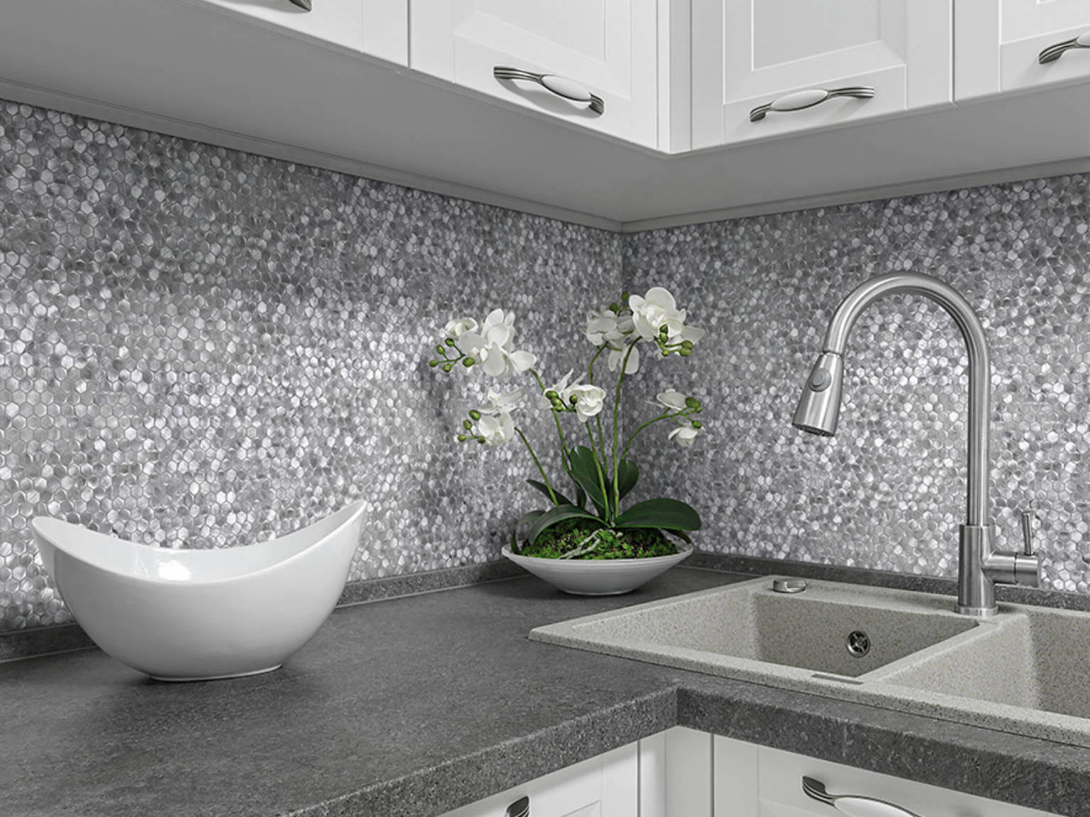 Medium Hexagon Silver Aluminum Mosaic  | Qualis Ceramica | Luxury Tile and Vinyl at affordable prices