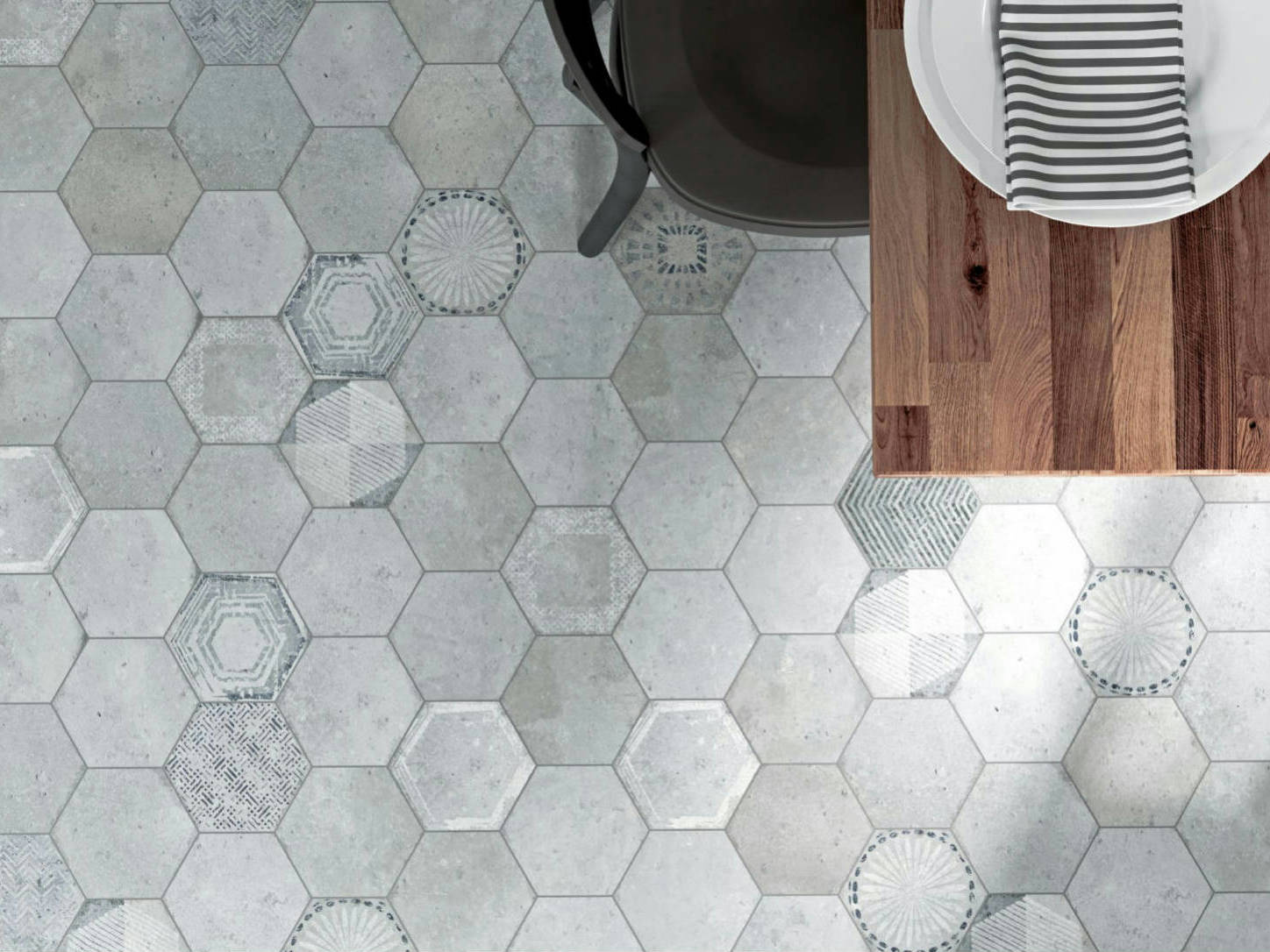 Alma 5.5x6.3” Grey and Grey Decor Hexagon | Qualis Ceramica | Luxury Tile and Vinyl at affordable prices