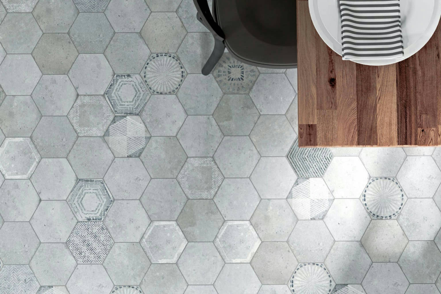 Alma 5.5x6.3” Grey and Grey Decor Hexagon | Qualis Ceramica | Luxury Tile and Vinyl at affordable prices