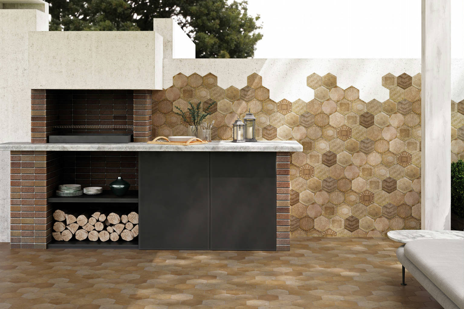 Alma 5.5x6.3” Terra and Sand Decor Hexagon | Qualis Ceramica | Luxury Tile and Vinyl at affordable prices