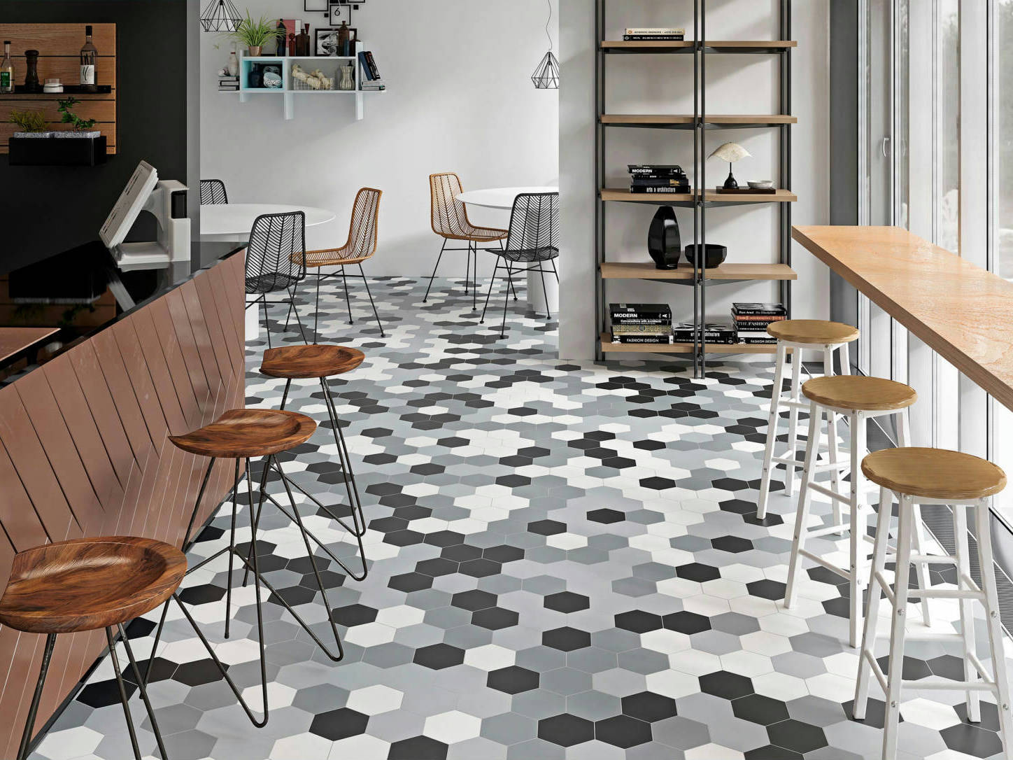 Vida 5.5X6.3” Black, Grey, Pearl, and White  Hexagons | Qualis Ceramica | Luxury Tile and Vinyl at affordable prices
