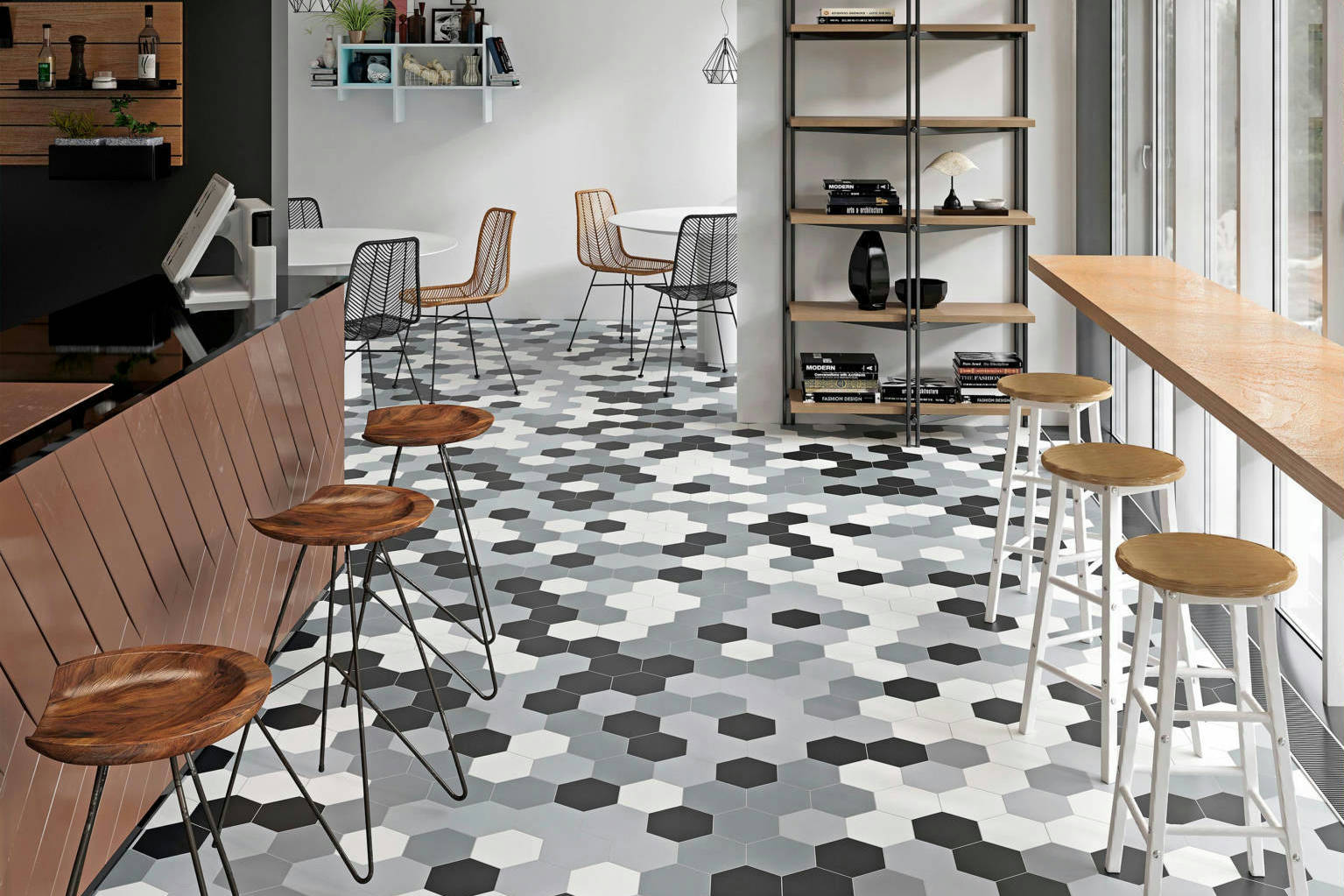 Vida 5.5X6.3” Black, Grey, Pearl, and White  Hexagons | Qualis Ceramica | Luxury Tile and Vinyl at affordable prices