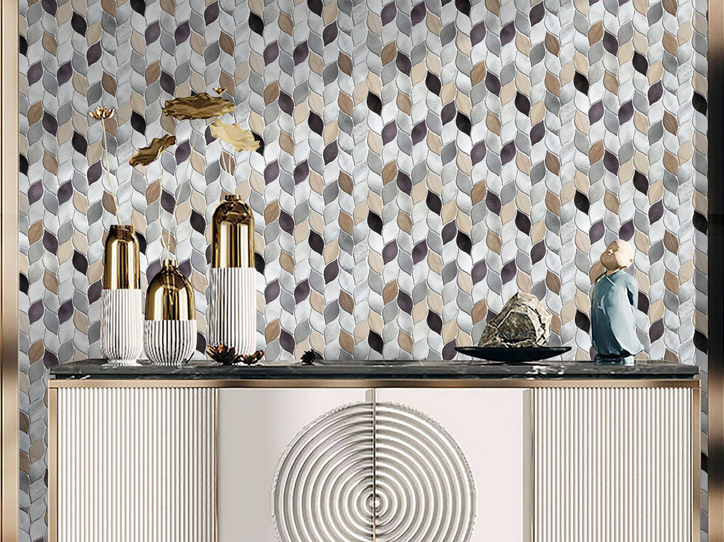 Aluminum & Marble Leaves Silver Grey Brown Mosaic 11