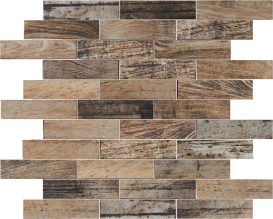 Beige Brown Mix Wood 1.1"x4" Glazed Ceramic Mosaic | Qualis Ceramica | Luxury Tile and Vinyl at affordable prices
