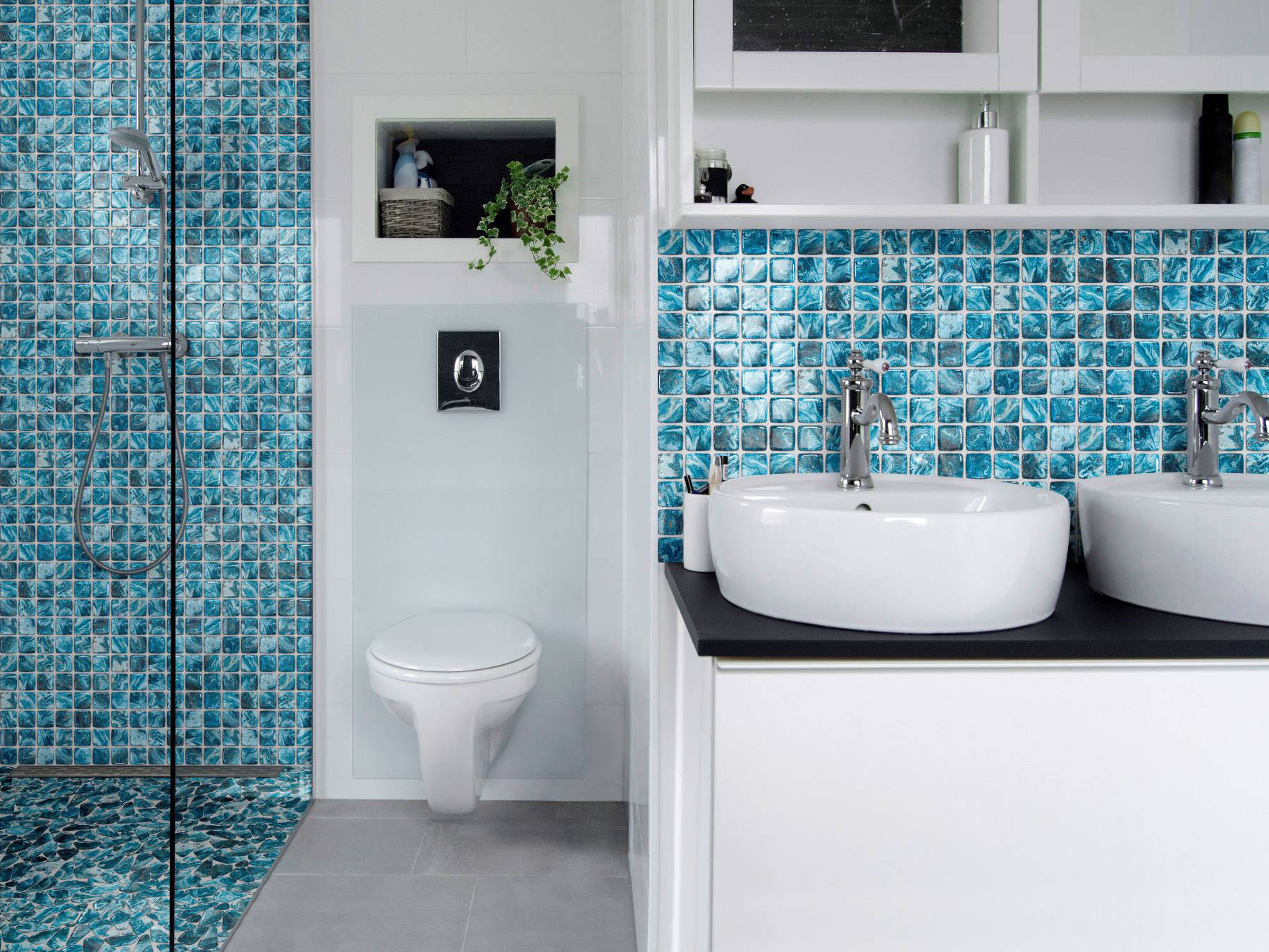 Glass Pebble Blue + Glass Square Blue Marble Pattern Mix | Qualis Ceramica | Luxury Tile and Vinyl at affordable prices