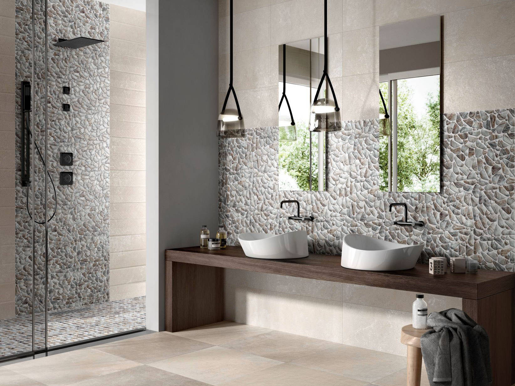 Glass Pebble Grey Beige Mix + Glass Square Grey Beige Mix | Qualis Ceramica | Luxury Tile and Vinyl at affordable prices