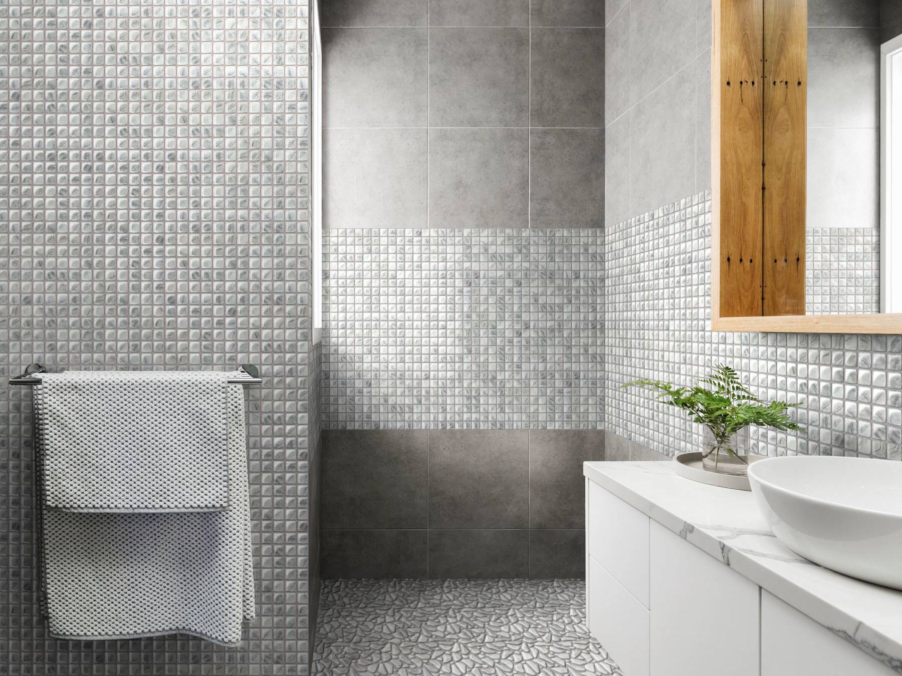 Glass Pebble Light Grey  + Glass Square Light Grey | Qualis Ceramica | Luxury Tile and Vinyl at affordable prices