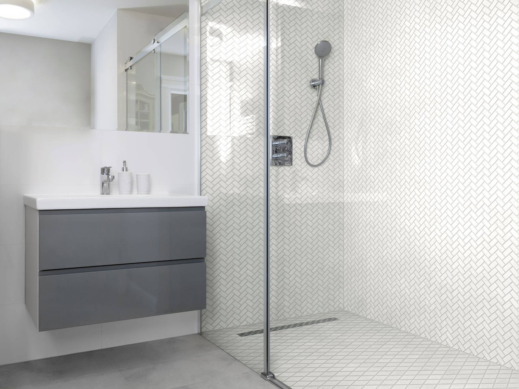 Herringbone Crystal + Crystal White Marble Diamond | Qualis Ceramica | Luxury Tile and Vinyl at affordable prices