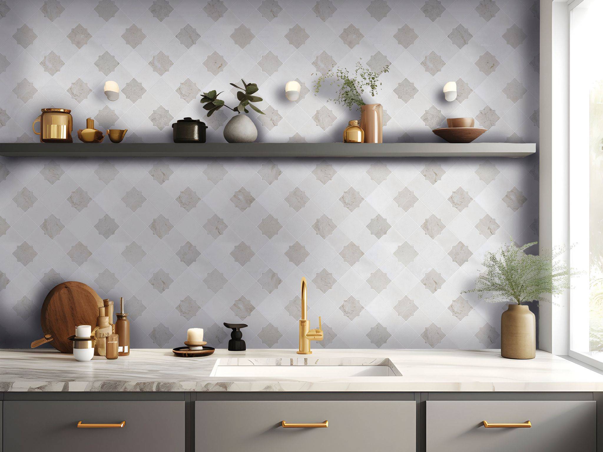 Star & Square White & Beige Mix Marble | Qualis Ceramica | Luxury Tile and Vinyl at affordable prices